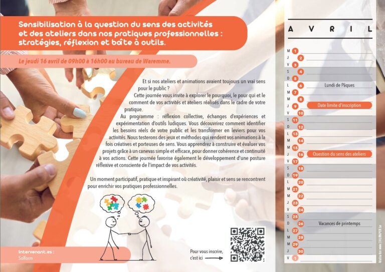 Il s'agit du visuel du mois d'avril du calendrier d'activité annuel du CLPS Huy Waremme. L'image illustre la sensibilisation avec des pièces de puzzle. Le QR code d'inscription est également présent