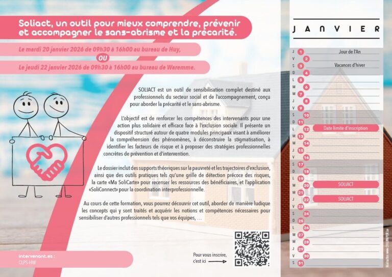 il s'agit de la page Janvier du calendrier du CLPS Huy-Waremme. Elle fait office d'invitation à un temps de rencontre pour l'outil Soliact. Il apparait dessus le logo de l'outils et le descriptif de la formation ainsi que le QR code d'inscription.
