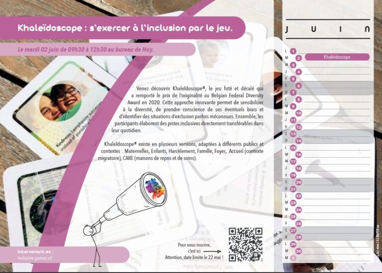 L'image représente le visuel du mois de juin pour le calendrier d'activité présenté par le CLPS Huy Waremme. Nous pouvons y voir un personnage tenant un khaléidoscope représentant l'outil qui sera présenté lors de la demi journée de sensibilisation. Un QR code d'inscription est également présent.