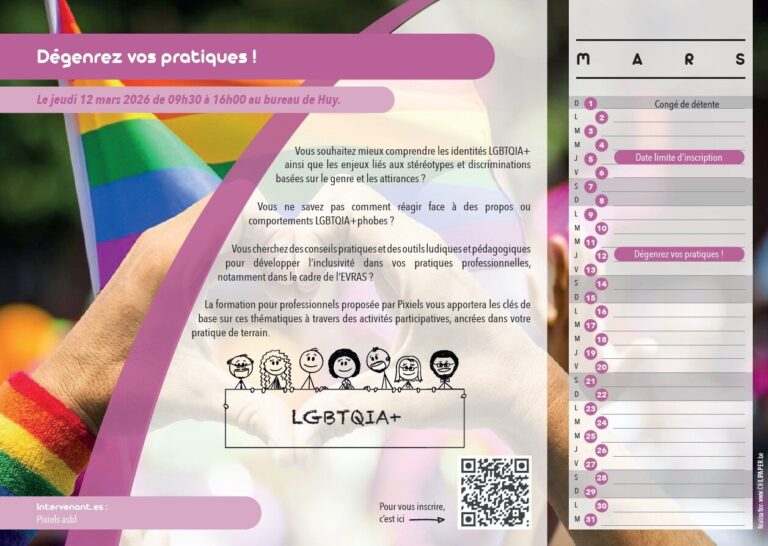 L'image représente le visuel du mois de mars du calendrier d'activité du CLPS Huy Waremme. L'image montre une illustration du drapeau LGBTQIA+ afin d'illustrer la formation du mois. Le QR code d'inscription est également présent.