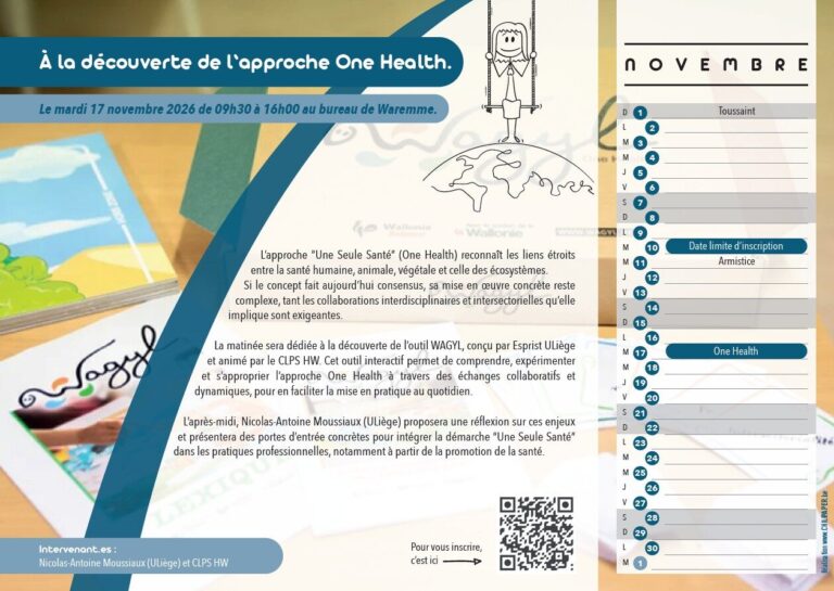 il s'agit du visuel du calendrier du CLPS Huy Waremme concernant leur formation de novembre. Le descriptif de la formation apparait ainsi que le QR code d'inscription. Vouq retrouvez également une image de l'outil Wagyl.
