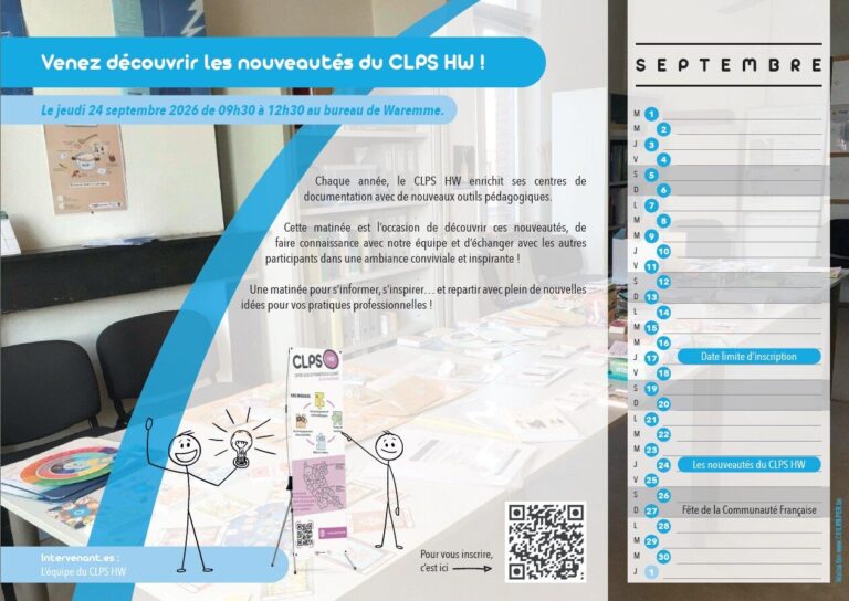 L'image représente le mois de Septembre du calendrier d'activité du CLPS Huy Waremme. On y voit la salle de réunion du CLPS HW avec des outils pédagogiques, représentant nos journées découvertes outils.